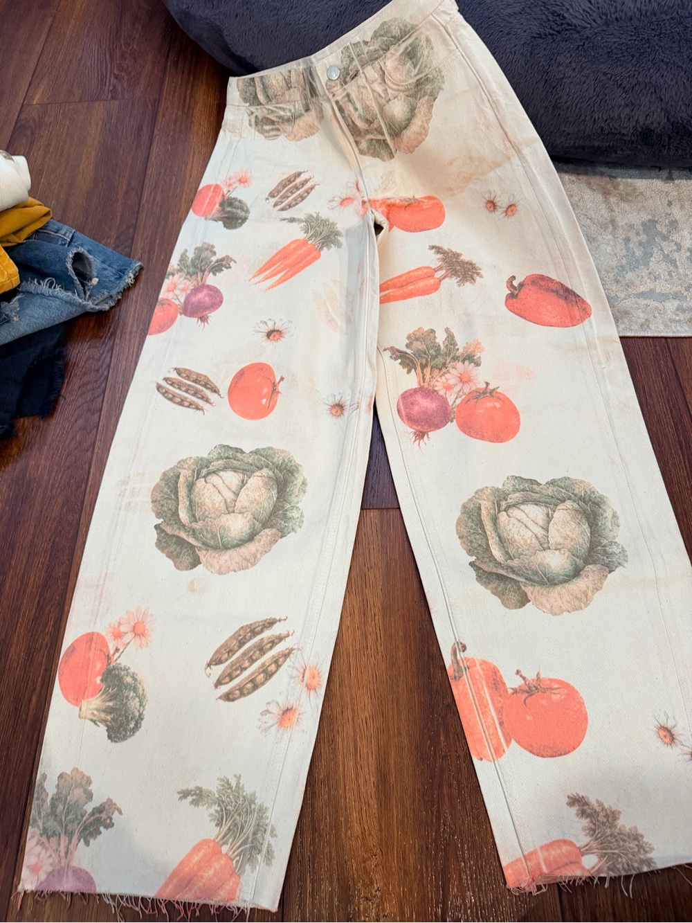 Zara Cream Wide-Leg Jeans with Vegetable Print